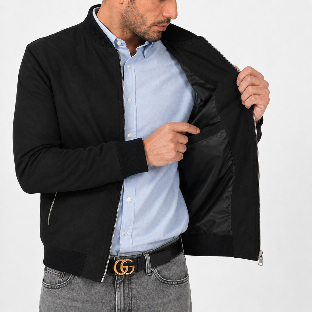 Giubbino in vera pelle di vitello scamosciata Nero-Slim Fit-Art.XM54CAMOSCIO