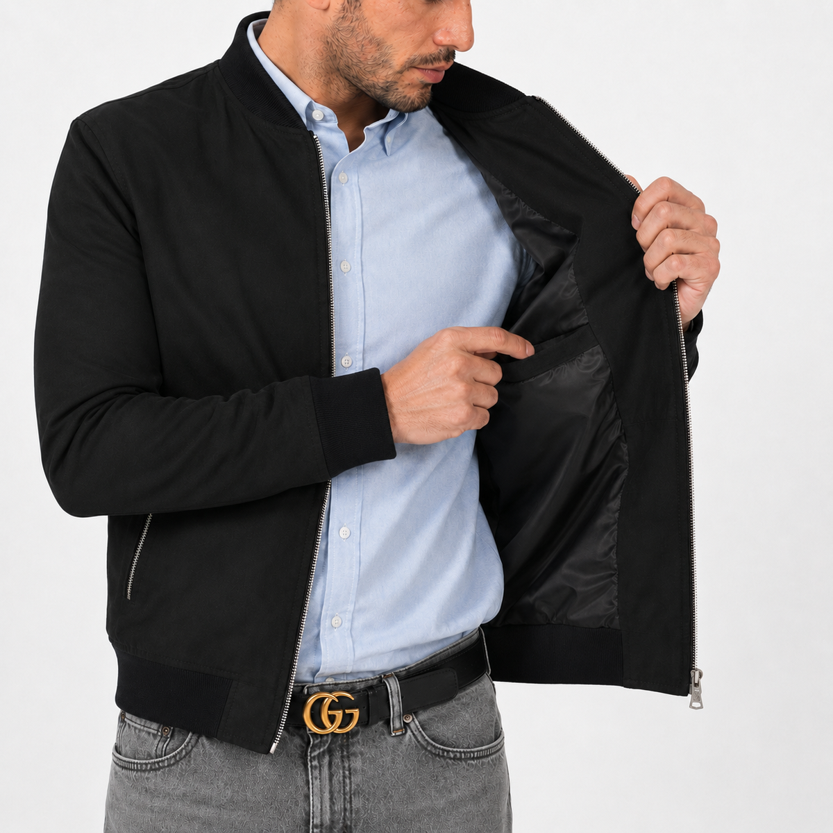 Giubbino in vera pelle di vitello scamosciata Nero-Slim Fit-Art.XM54CAMOSCIO