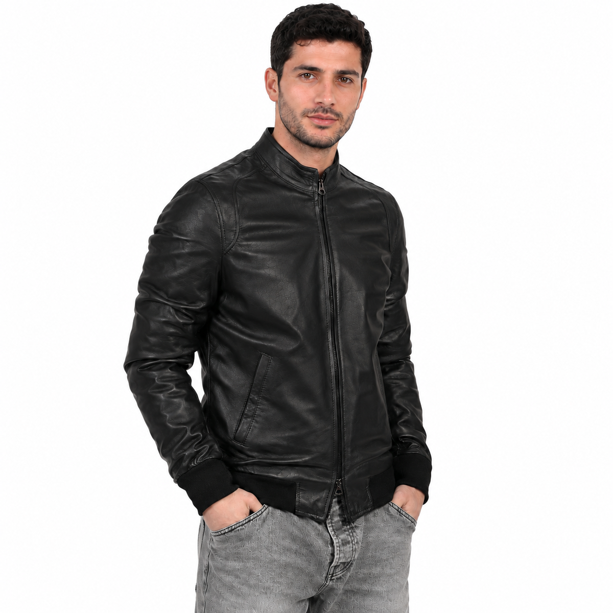 Giubbino in vera pelle di vitello Nero-Slim Fit-Art.XM68NAPPA