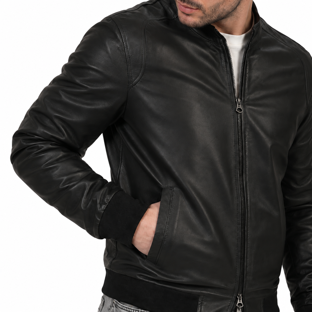 Giubbino in vera pelle di vitello Nero-Slim Fit-Art.XM68NAPPA