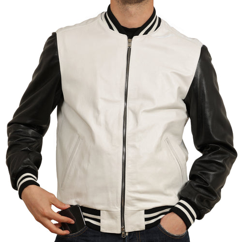 Bomber bicolore  in pelle di vitello Nero-Bianco Slim Fit-Art.IMP05