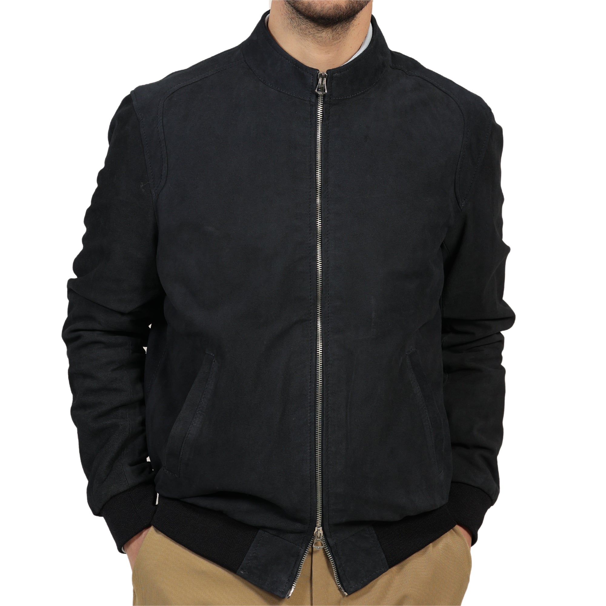 Giubbino in vera pelle di vitello scamosciata Nero-Slim Fit-Art.XM68CAMOSCIO