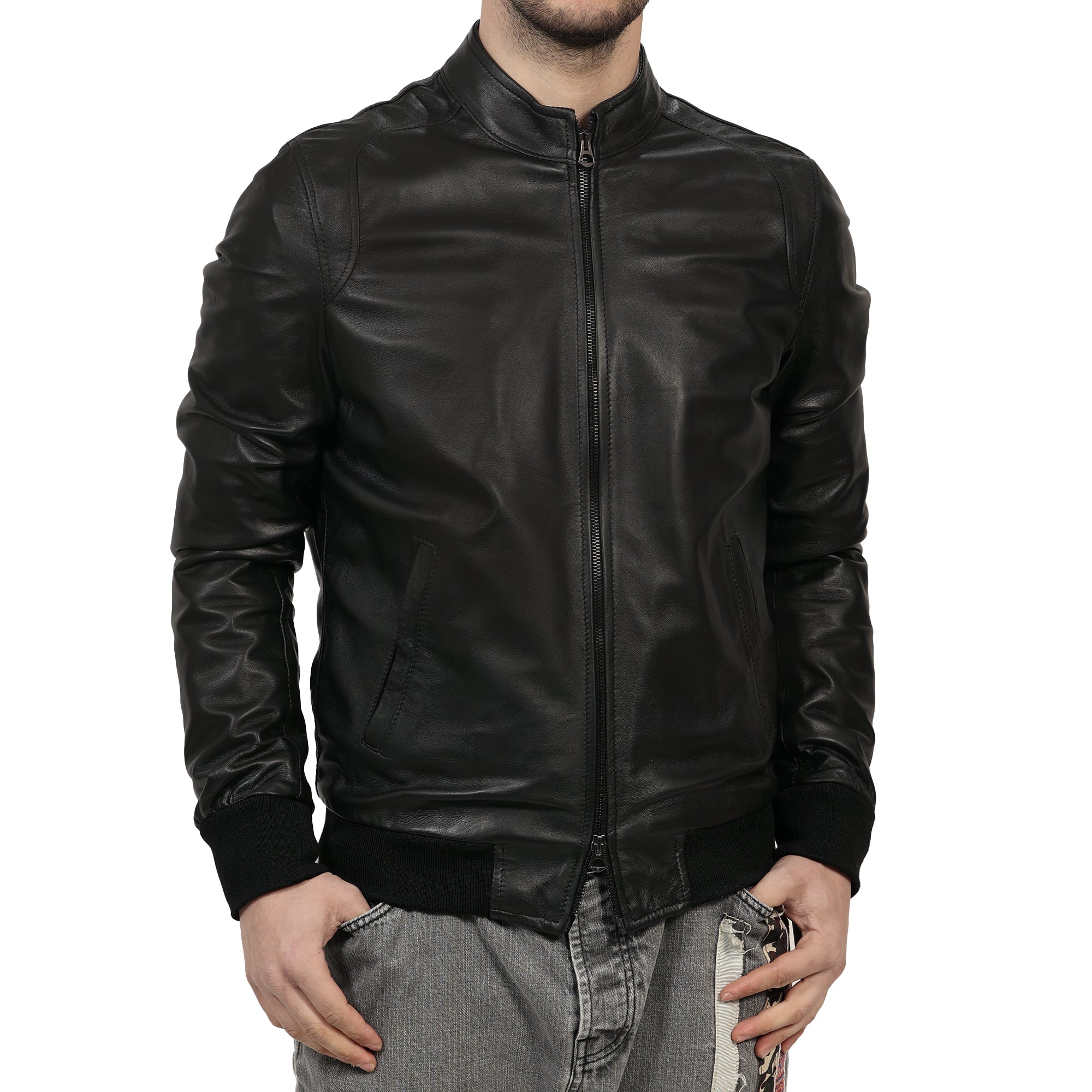 Giubbino in vera pelle di vitello Nero-Slim Fit-Art.XM68NAPPA