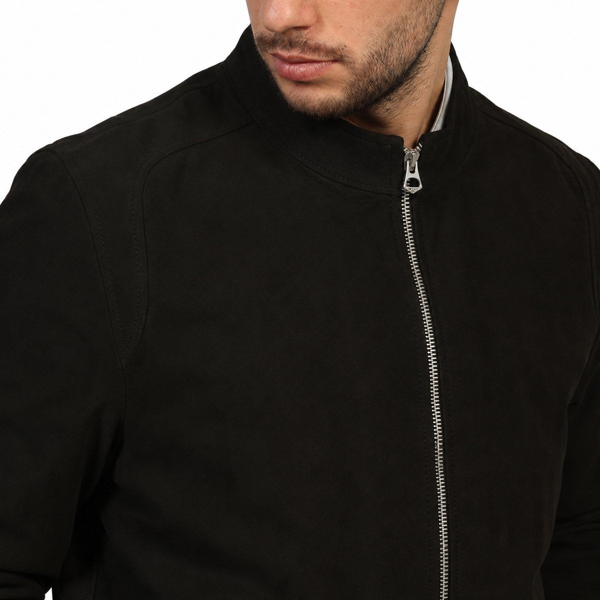 Giubbino in vera pelle di vitello scamosciata Nero-Slim Fit-Art.XM68CAMOSCIO