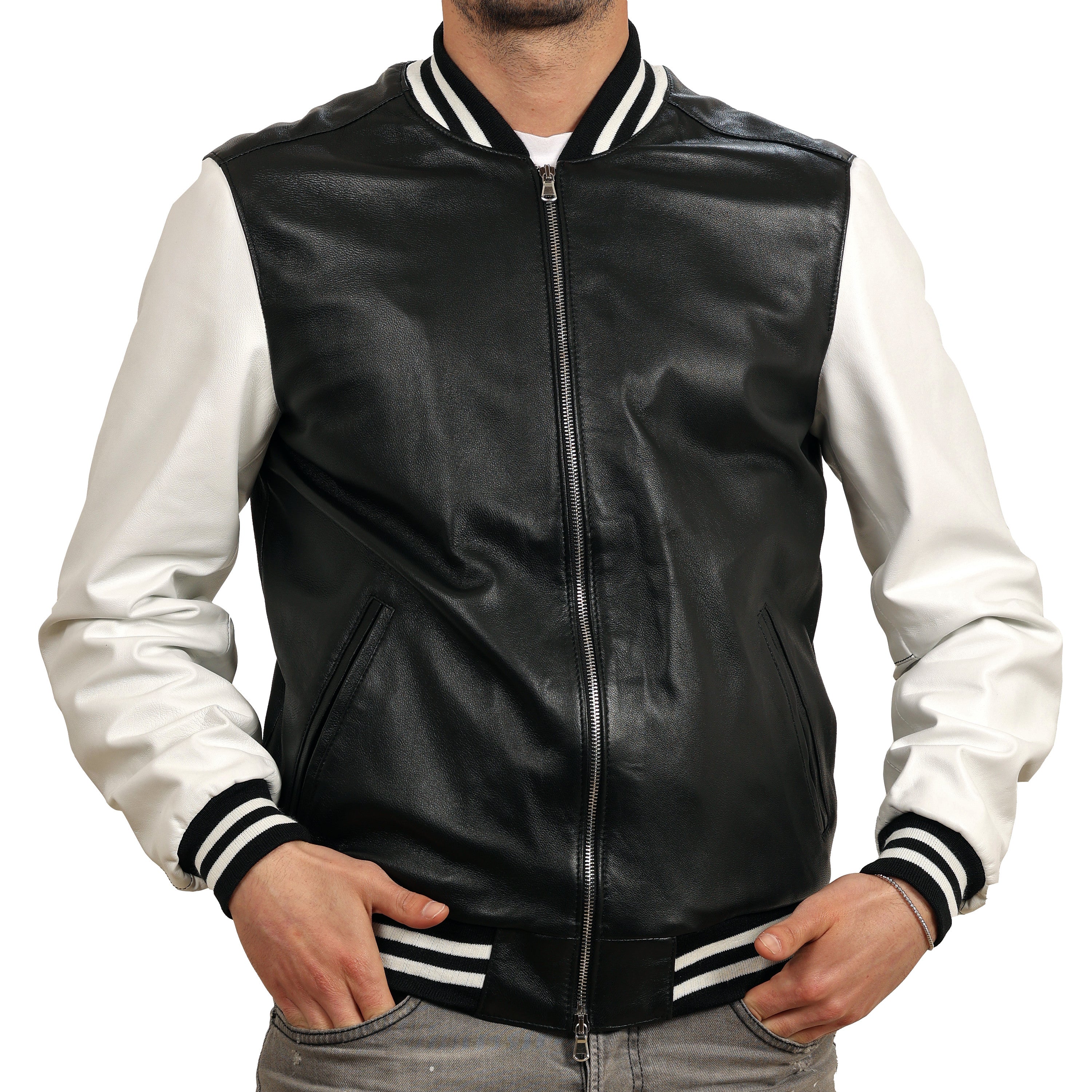 Bomber bicolore  in pelle di vitello Nero-Bianco Slim Fit-Art.IMP05