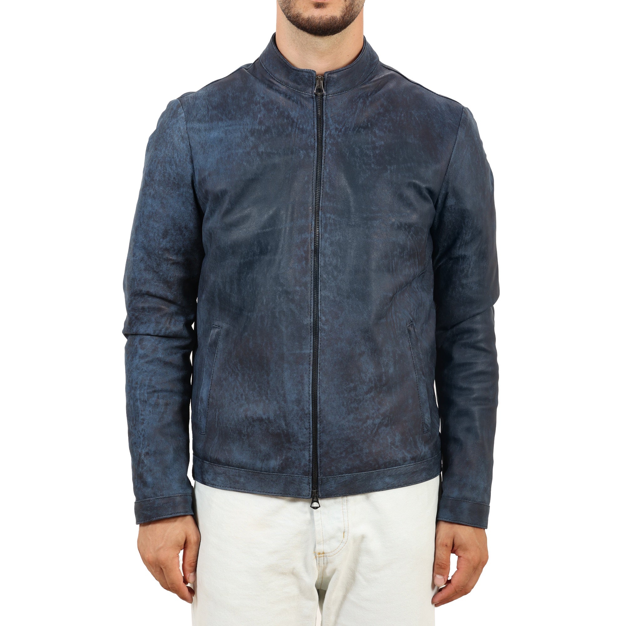 Giubbino in pelle di vitello rifinizione dakota blu jeans-Slim Fit-Art.IMP24DAKOTA
