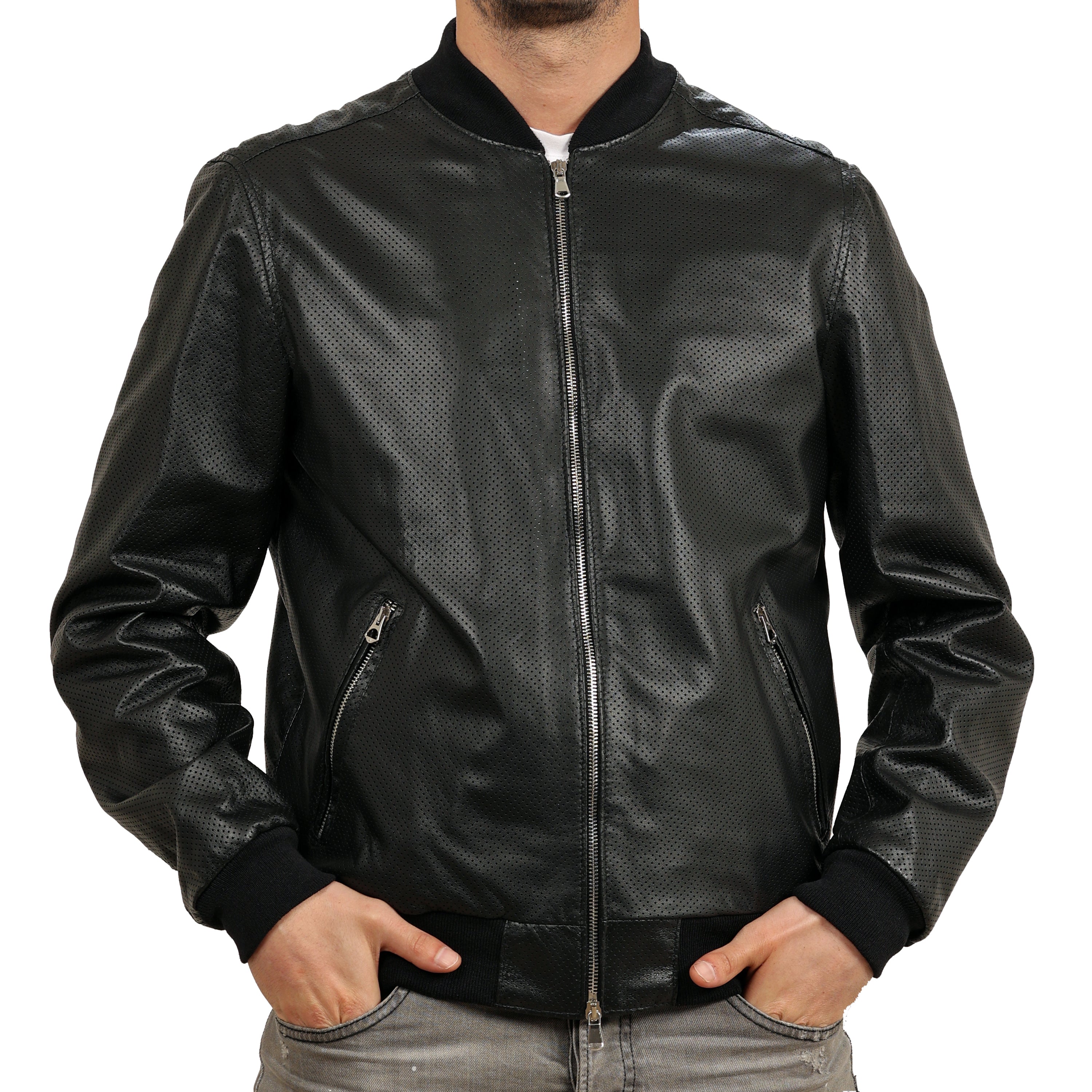 Bomber in pelle di vitello traforato  Blu-Slim Fit-Art.IMP07
