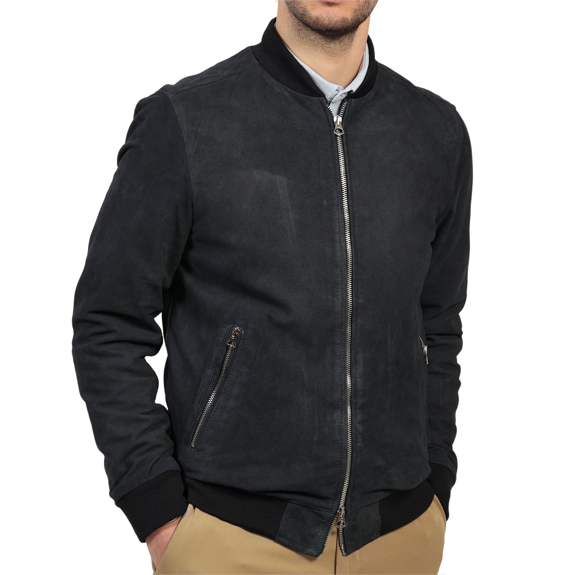 Giubbino in vera pelle di vitello scamosciata Nero-Slim Fit-Art.XM54CAMOSCIO
