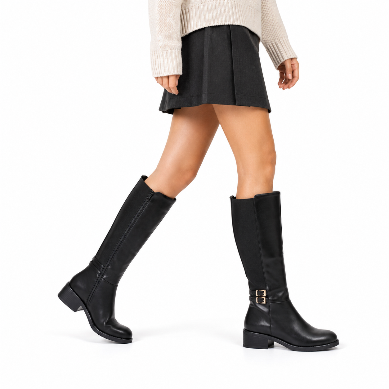 Stivale in simil pelle con fascia elastica e cinturino dorato