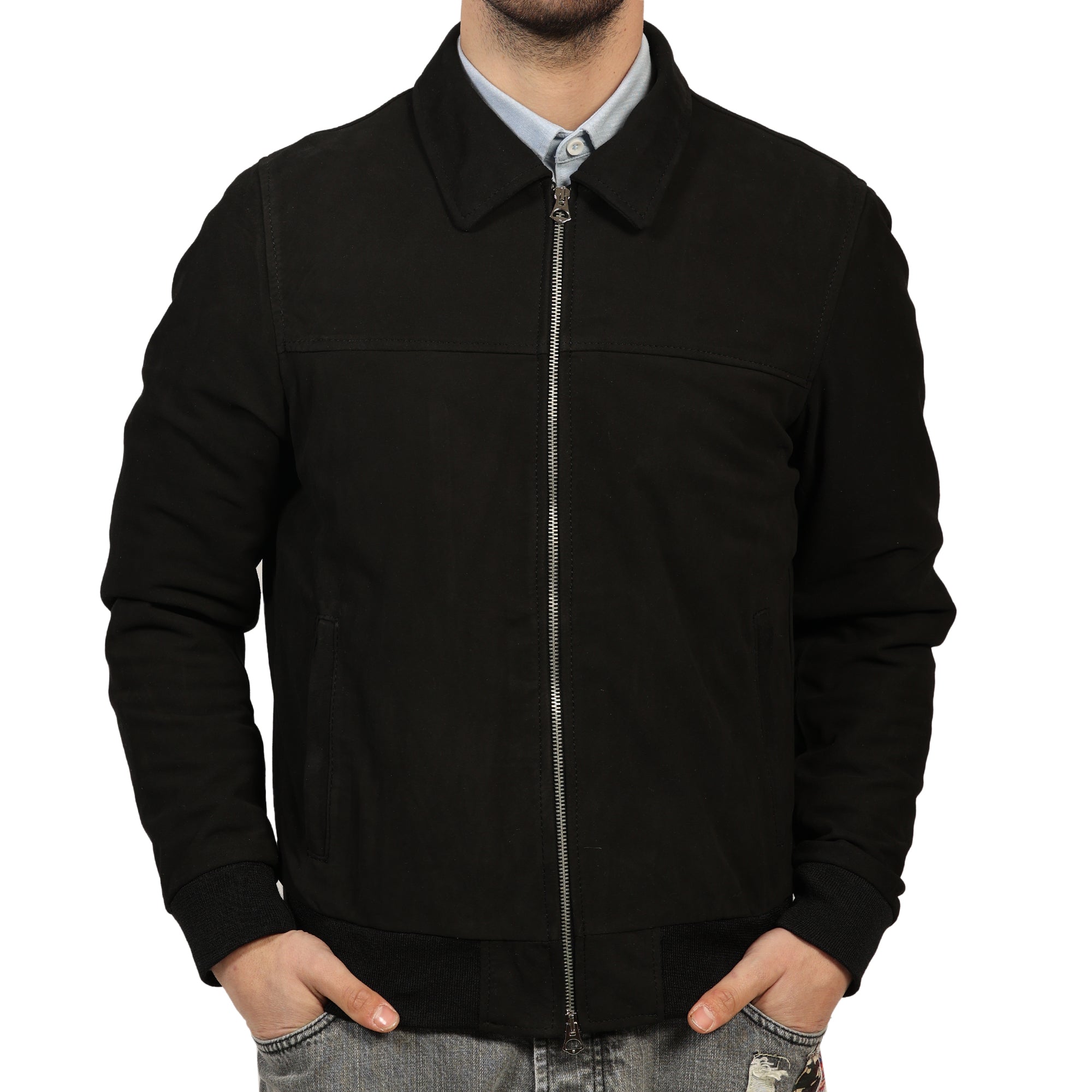 Giubbino in vera pelle di vitello scamosciata Nero-Slim Fit-Art.IMP23CAMOSCIO