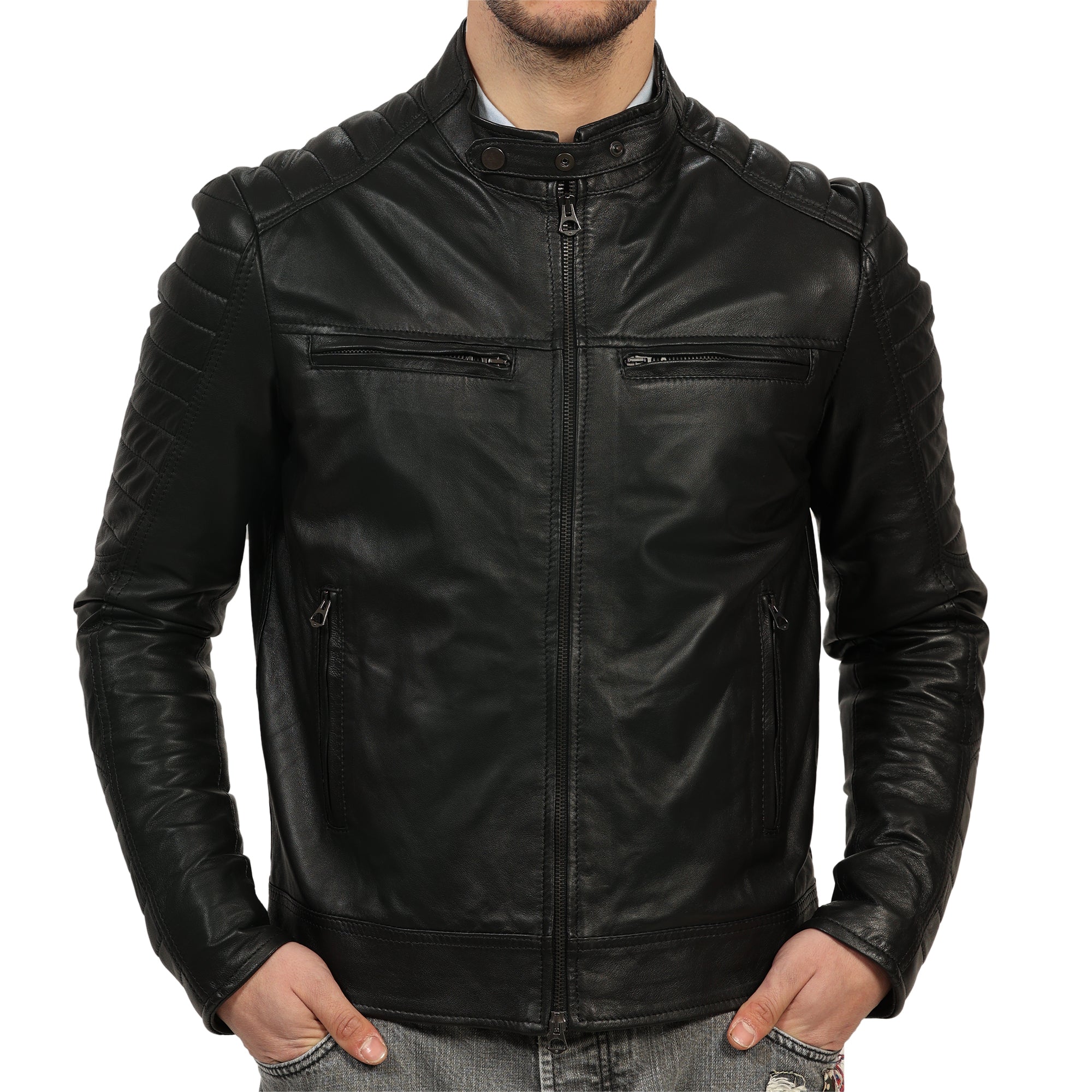 Giubbino in pelle di vitello nappa Nero-Slim Fit-Art.DAVINSONNAPPA