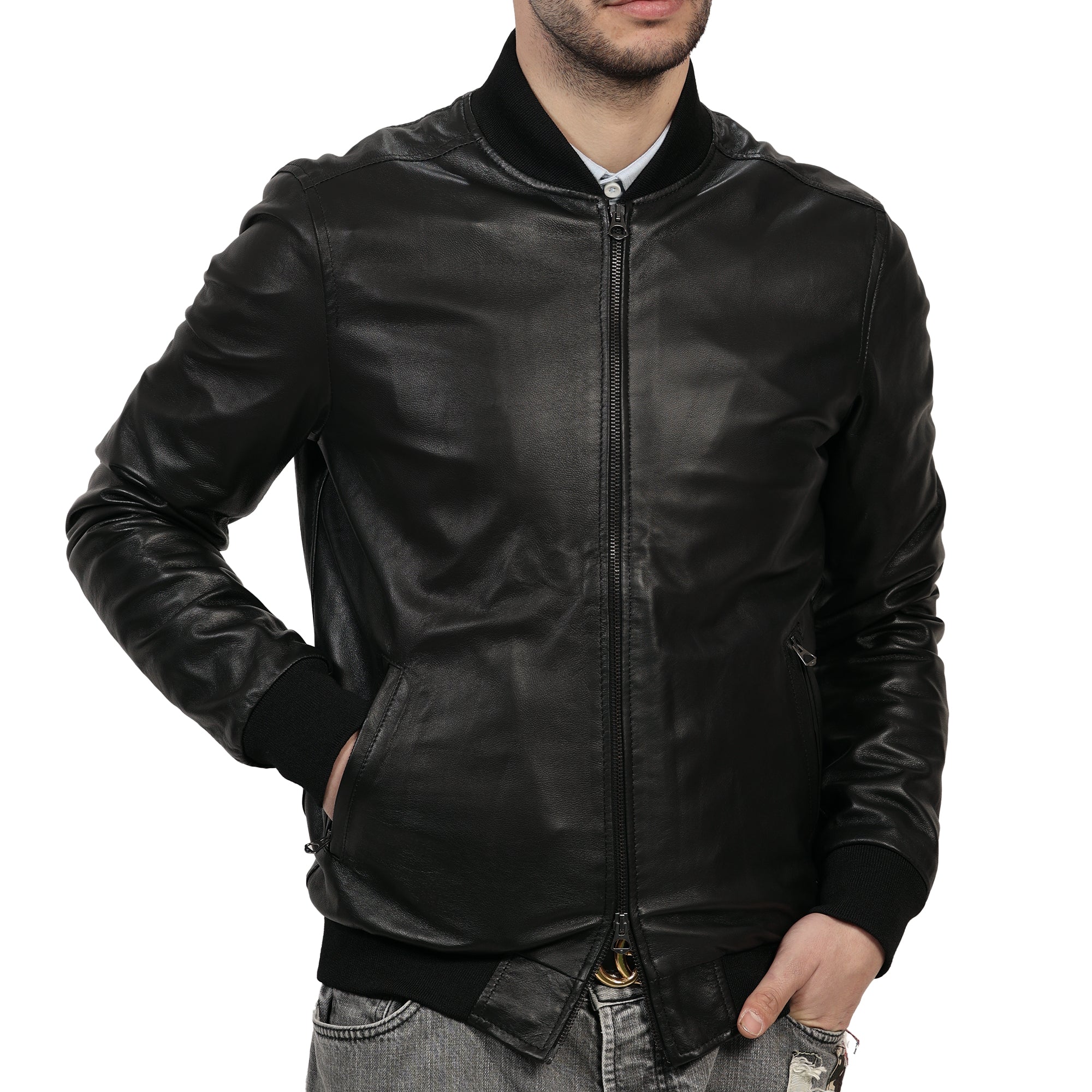 Giubbino in vera pelle di vitello Nero-Slim Fit-Art.XM54NAPPA