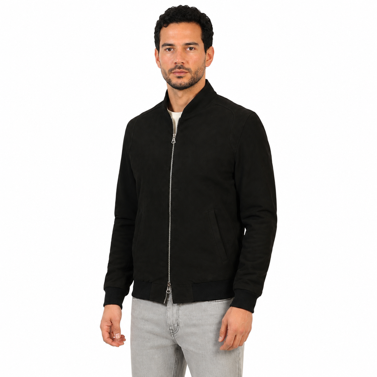 Giubbino in vera pelle di vitello scamosciata Nero-Slim Fit-Art.XM68CAMOSCIO
