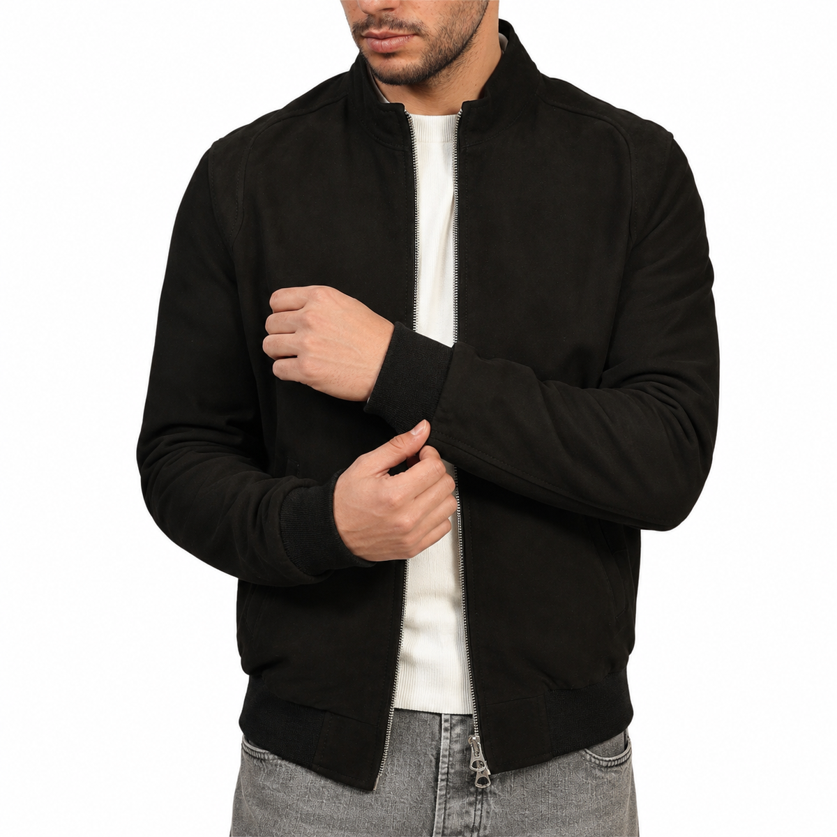 Giubbino in vera pelle di vitello scamosciata Nero-Slim Fit-Art.XM68CAMOSCIO