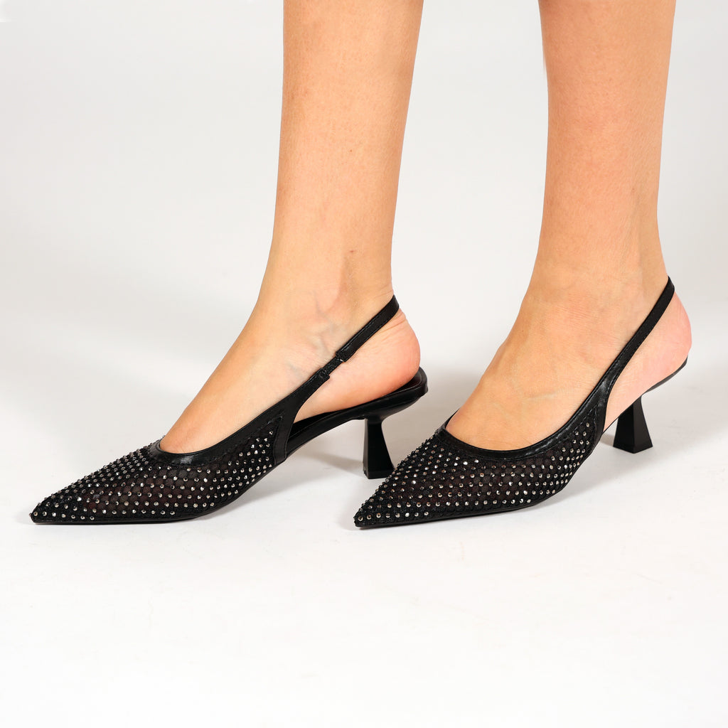 Dècolletè slingback con tacco a rocchetto in tessuto traforato con strass- Art.13GB11
