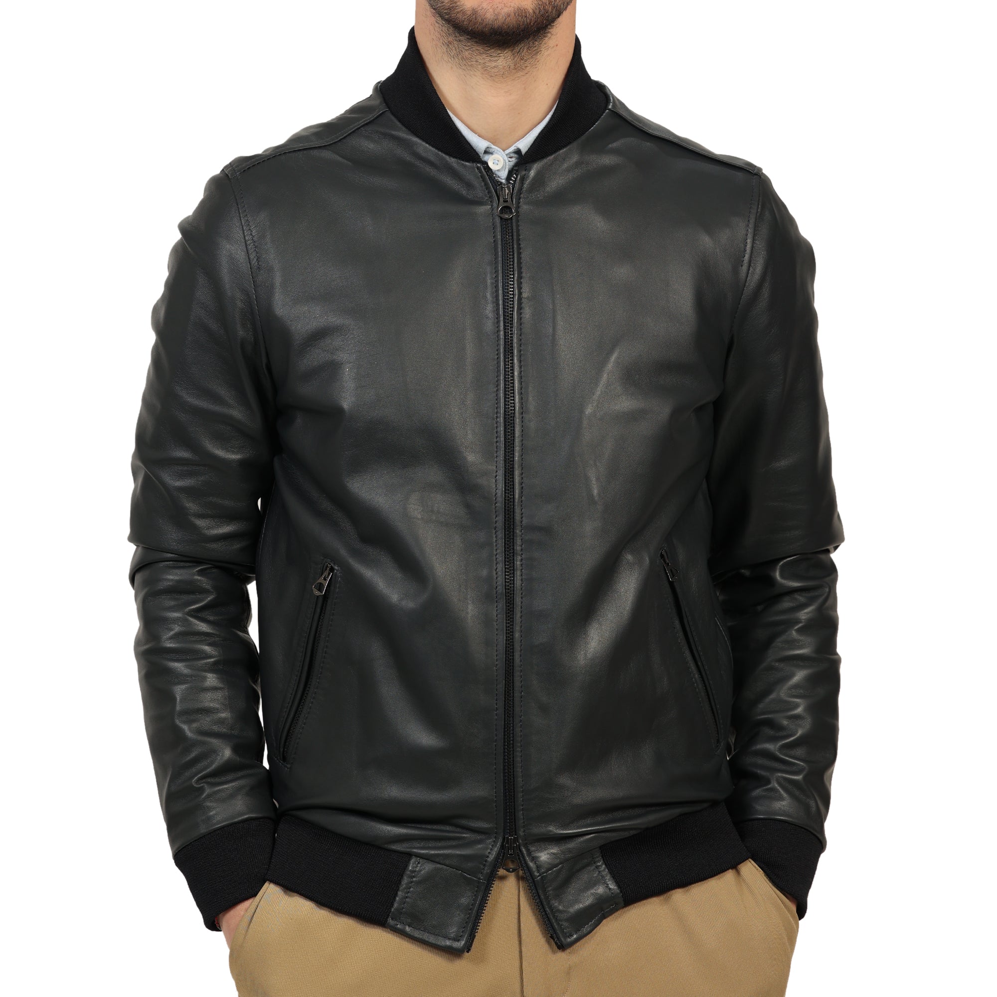 Giubbino in vera pelle di vitello Nero-Slim Fit-Art.XM54NAPPA