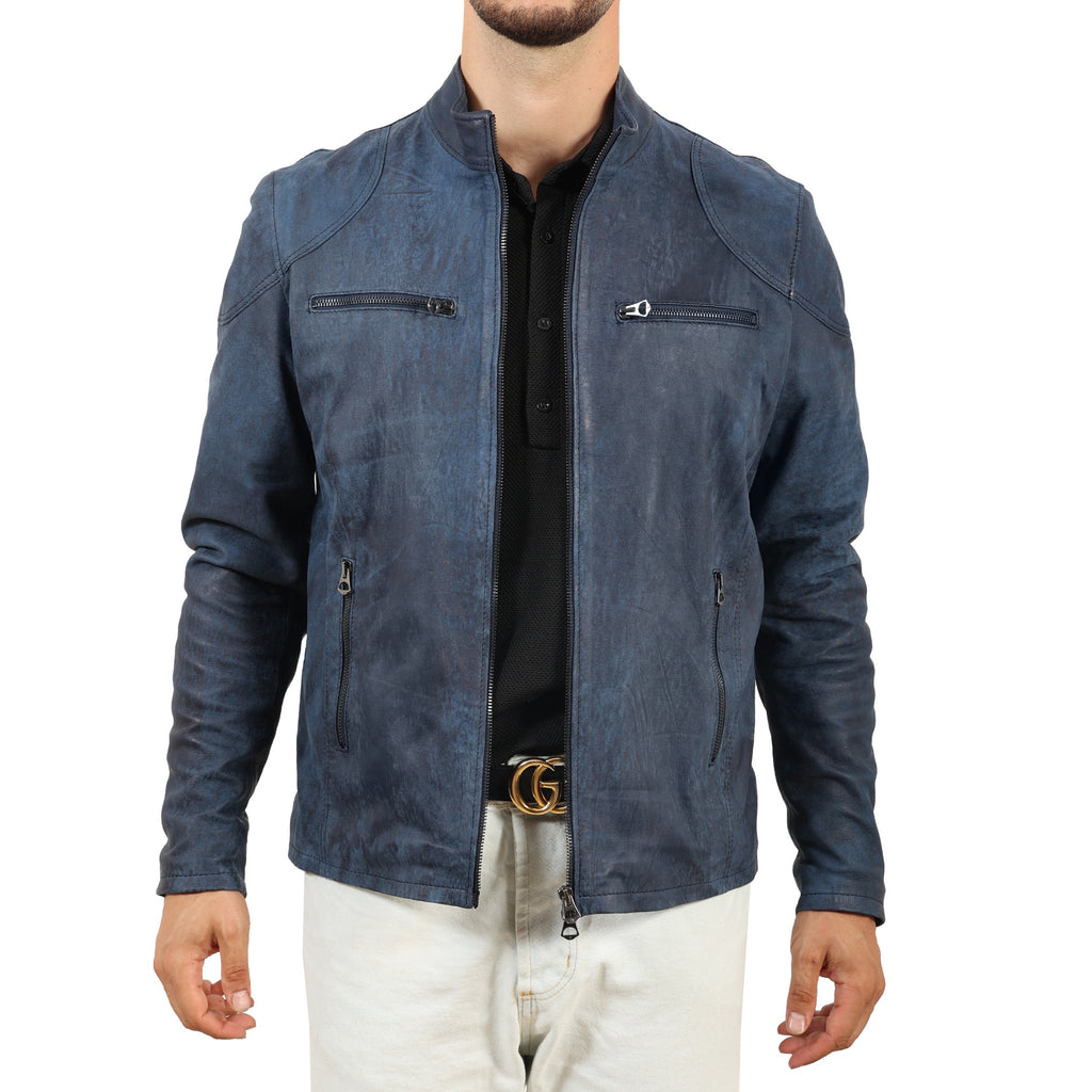 Giubbino in pelle di vitello rifinizione dakota blu jeans-Slim Fit-Art.SAXDAKOTA