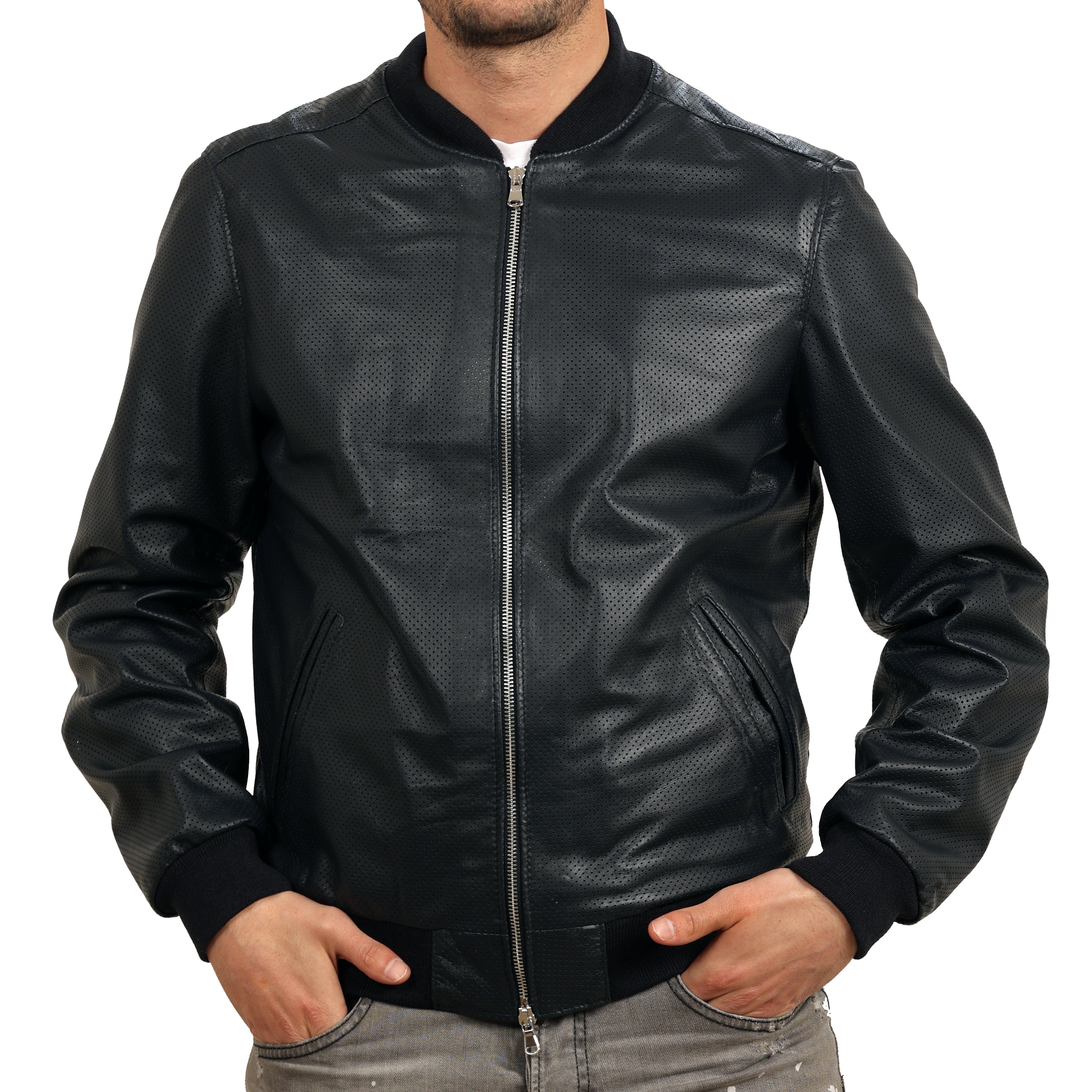 Bomber in pelle di vitello traforato  Blu-Slim Fit-Art.IMP07