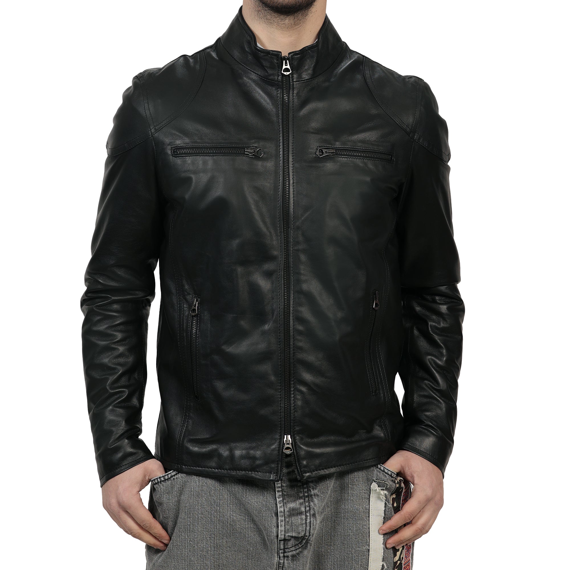 Giubbino in pelle di vitello nappa Nero-Slim Fit-Art.SAXNAPPA