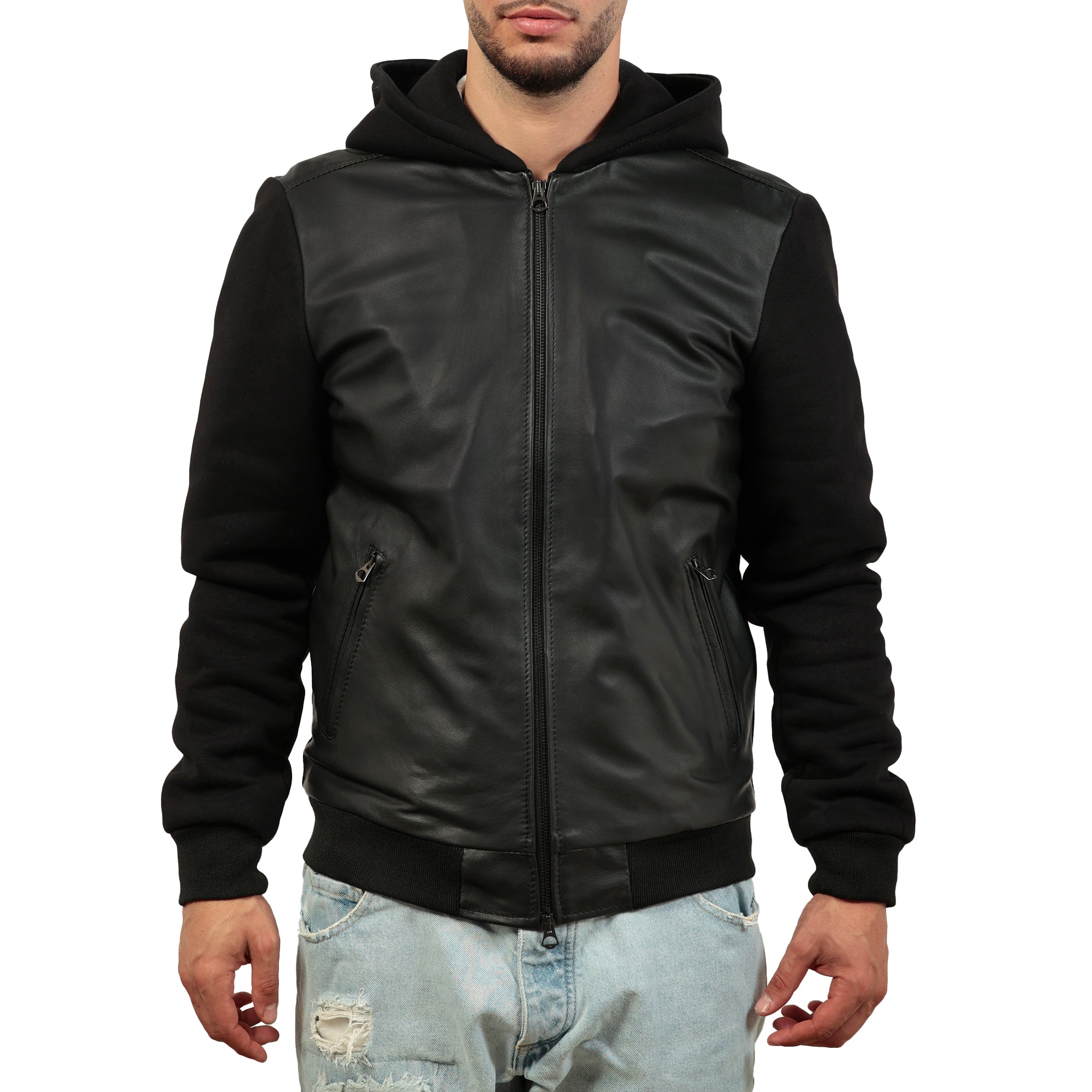 Giubbino in vera pelle di vitello con maniche e cappuccio in felpa Nero-Slim Fit-Art.IMP31NAPPAFELPA