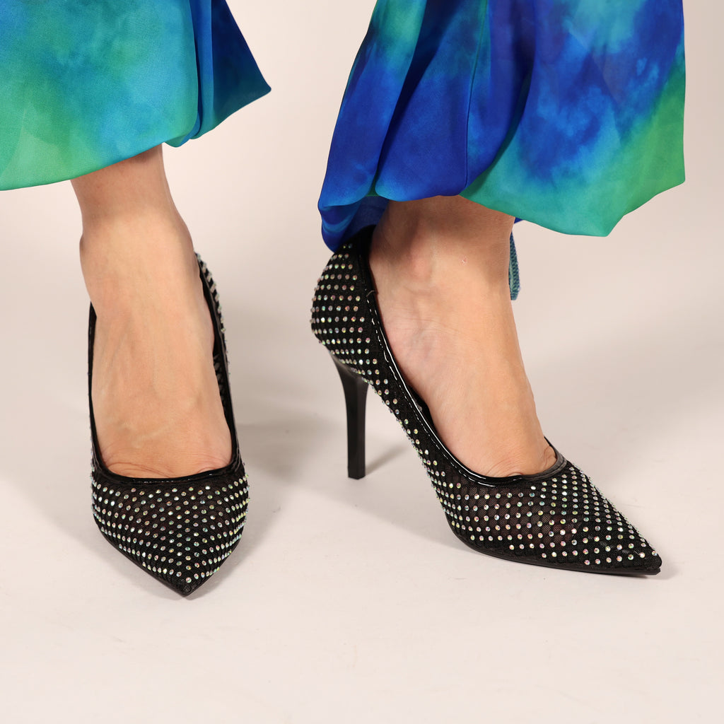Dècolletè pumps in simil pelle con tomaia bucherellata ricoperta di strass- Art.BO251