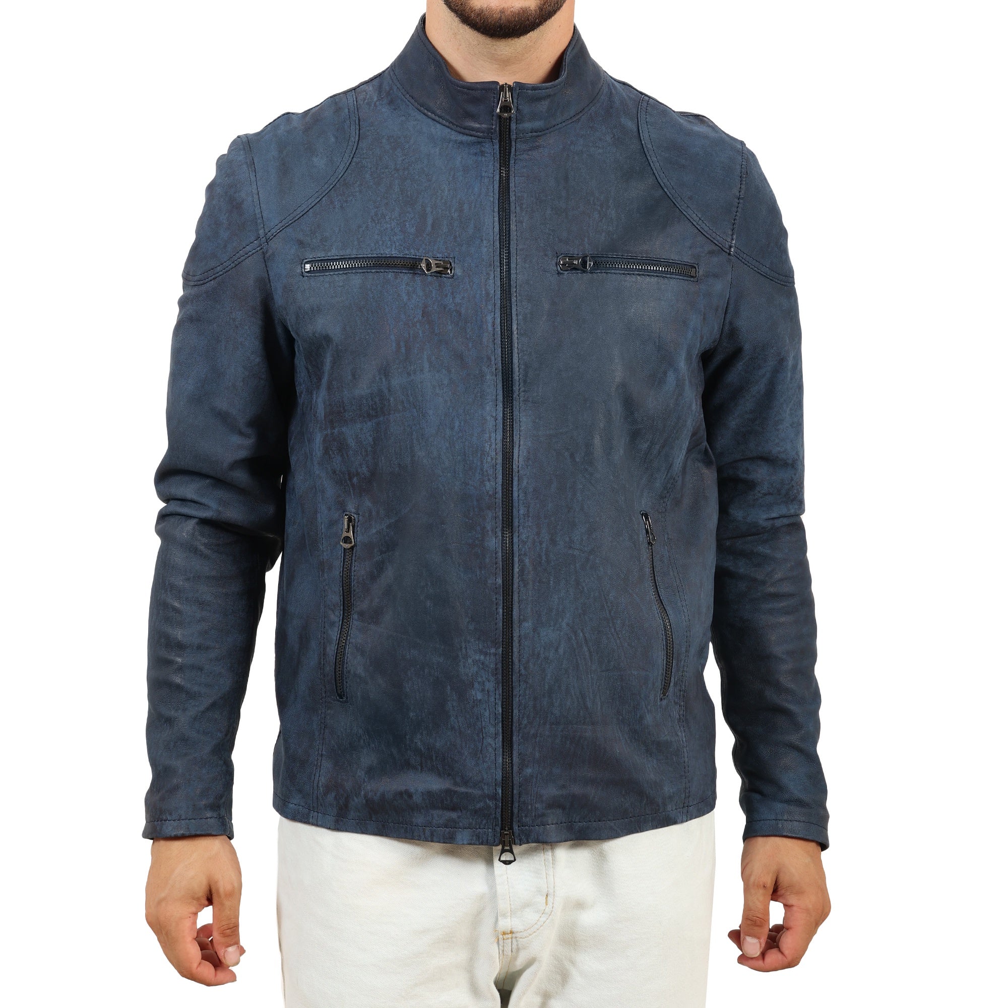 Giubbino in pelle di vitello rifinizione dakota blu jeans-Slim Fit-Art.SAXDAKOTA