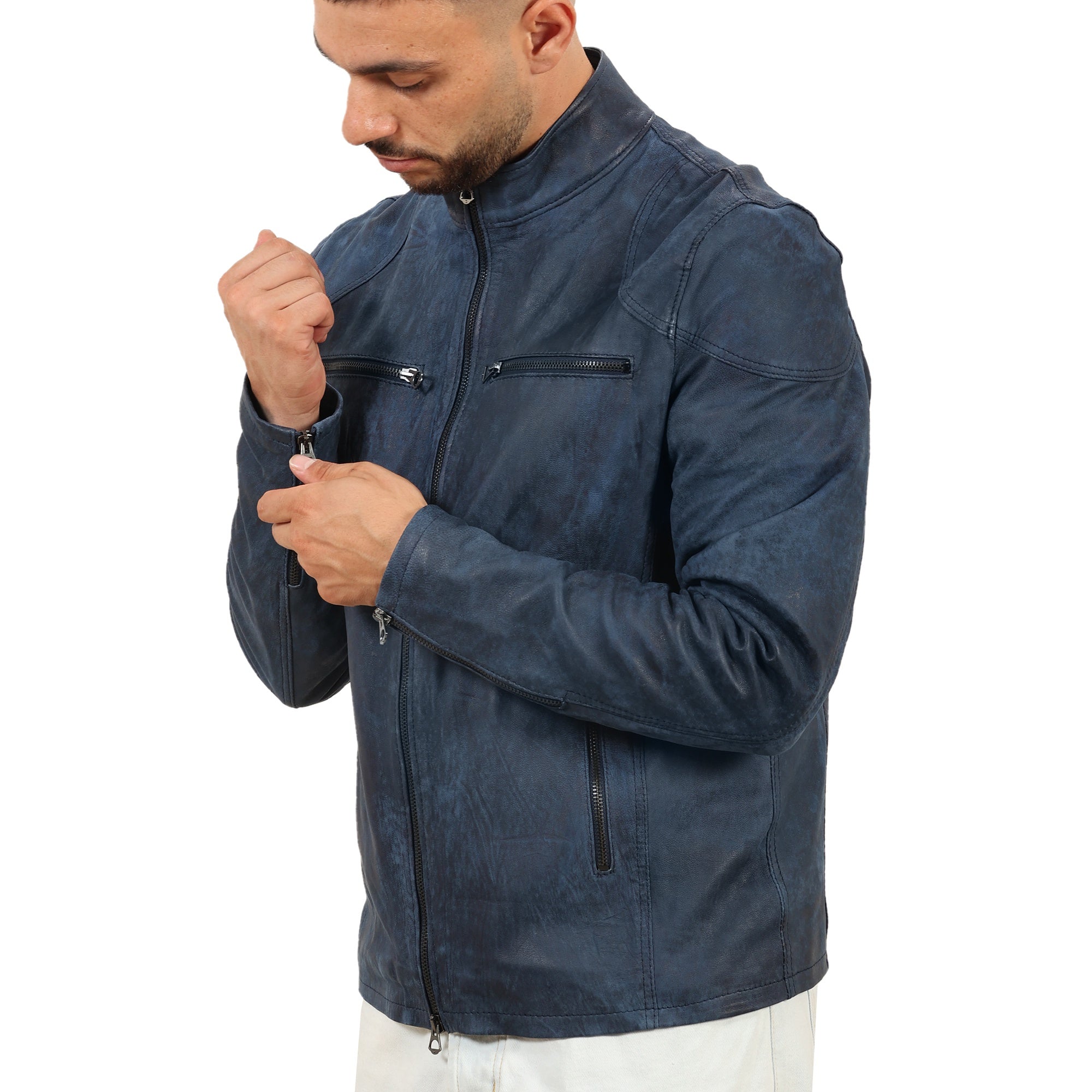 Giubbino in pelle di vitello rifinizione dakota blu jeans-Slim Fit-Art.SAXDAKOTA