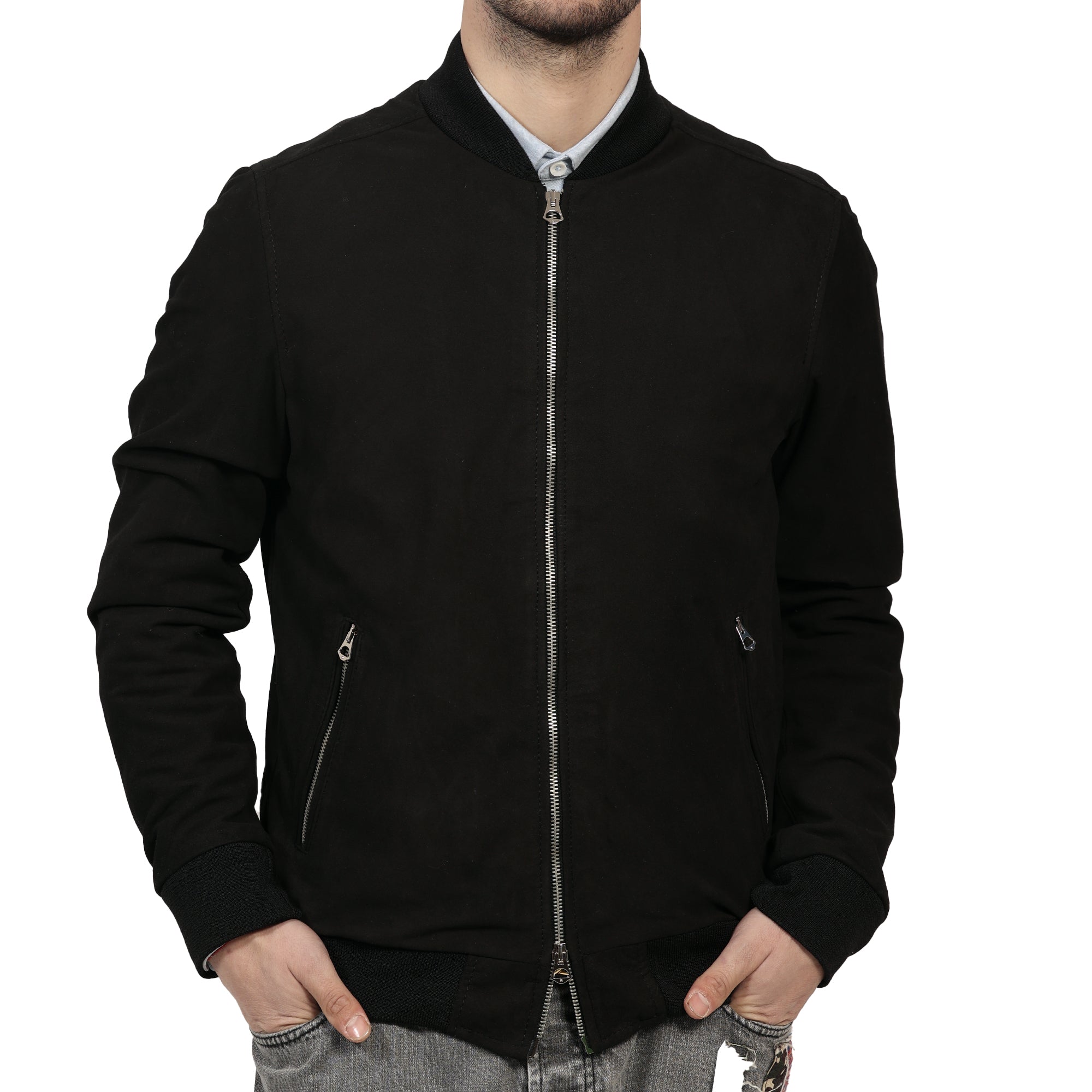 Giubbino in vera pelle di vitello scamosciata Nero-Slim Fit-Art.XM54CAMOSCIO